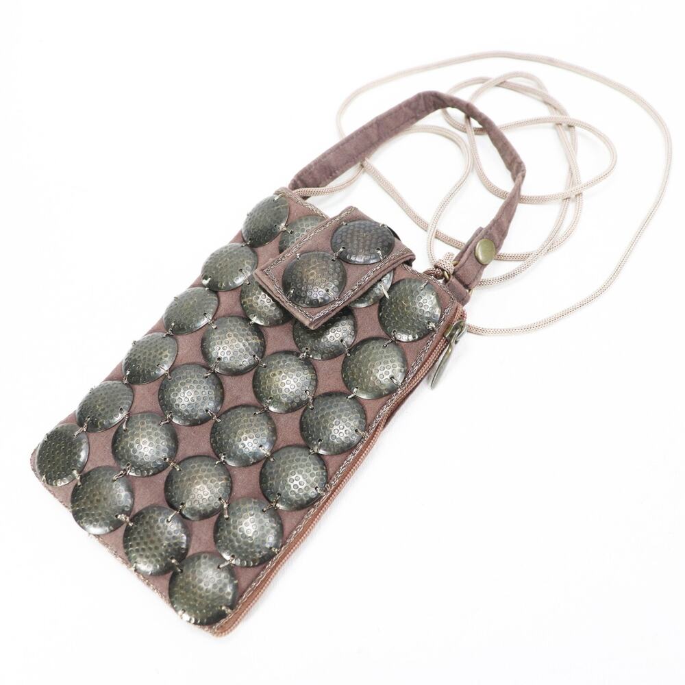 Bamboo Trading Co Brown Satin Hammered Pewter Beaded Club Phone Bag Purse Pouch
